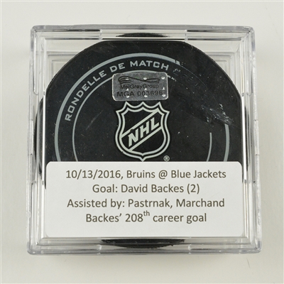 David Backes - Boston Bruins - Goal Puck - October 13, 2016 vs. Columbus Blue Jackets (Blue Jackets Logo)
