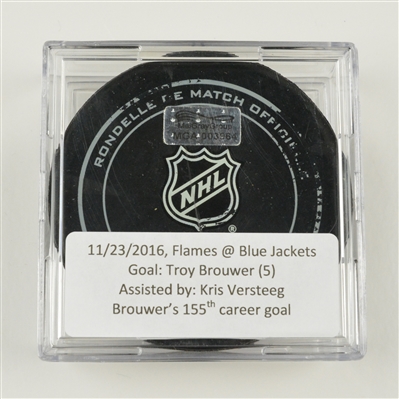 Troy Brouwer - Calgary Flames - Goal Puck - November 23, 2016 vs. Columbus Blue Jackets (Blue Jackets Logo)