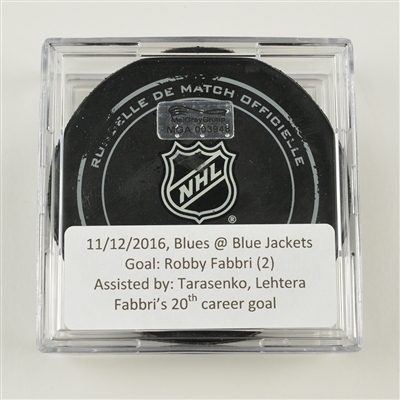 Robby Fabbri - St. Louis Blues - Goal Puck - November 12, 2016 vs. Columbus Blue Jackets (Blue Jackets Logo)