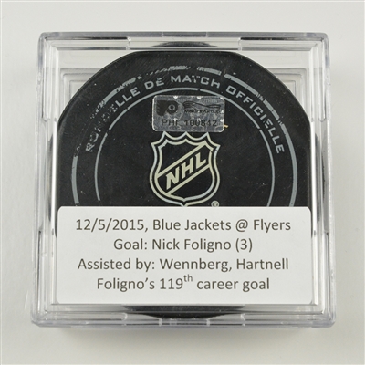Nick Foligno - Columbus Blue Jackets - Goal Puck - December 5, 2015 vs. Philadelphia Flyers (Flyers Logo)