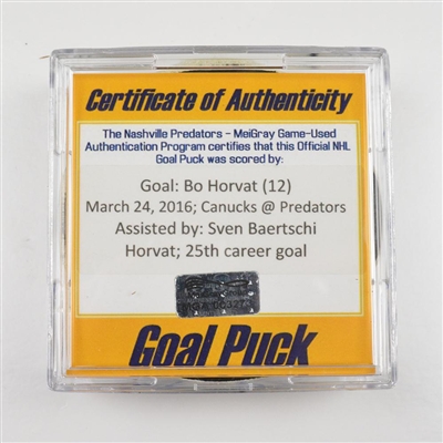 Bo Horvat - Vancouver Canucks - Goal Puck - March 24, 2016 vs. Nashville Predators (Predators logo)