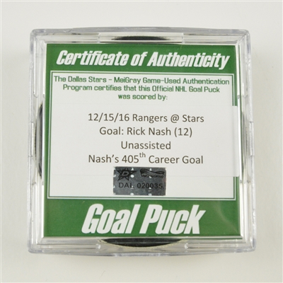 Rick Nash - New York Rangers - Goal Puck - December 15, 2016 vs. Dallas Stars (Stars Logo)