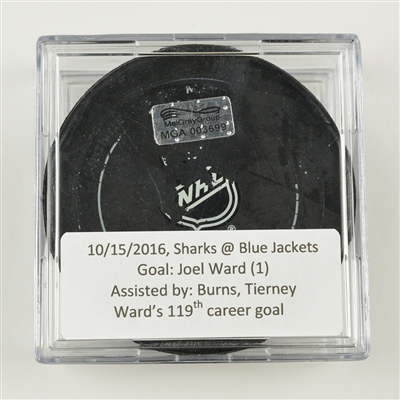 Joel Ward - San Jose Sharks - Goal Puck - October 15, 2016 vs. Columbus Blue Jackets (Blue Jackets Logo)