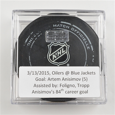 Artem Anisimov - Columbus Blue Jackets - Goal Puck - March 13, 2015 vs. Edmonton Oilers (Blue Jackets Logo)