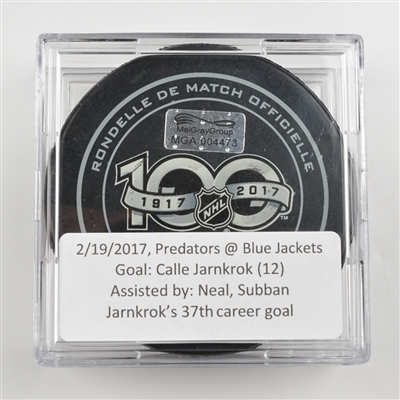 Calle Jarnkrok - Nashville Predators - Goal Puck - February 19, 2017 vs. Columbus Blue Jackets (Blue Jackets Logo)