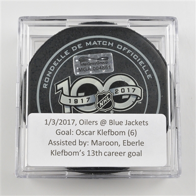 Oscar Klefbom - Edmonton Oilers - Goal Puck - January 3, 2017 vs. Columbus Blue Jackets (Blue Jackets Logo)