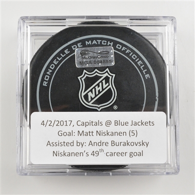 Matt Niskanen - Washington Capitals - Goal Puck - April 2, 2017 vs. Columbus Blue Jackets (Blue Jackets Logo)
