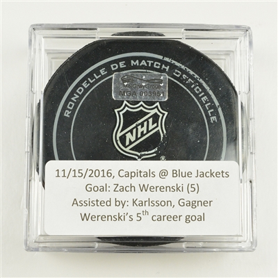 Zach Werenski - Columbus Blue Jackets - Goal Puck - November 15, 2016 vs. Washington Capitals (Blue Jackets Logo)