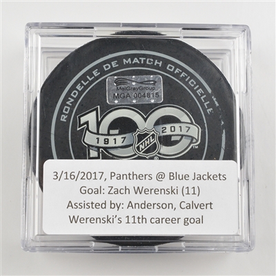 Zach Werenski - Columbus Blue Jackets - Goal Puck - March 16, 2017 vs. Florida Panthers (Blue Jackets Logo)