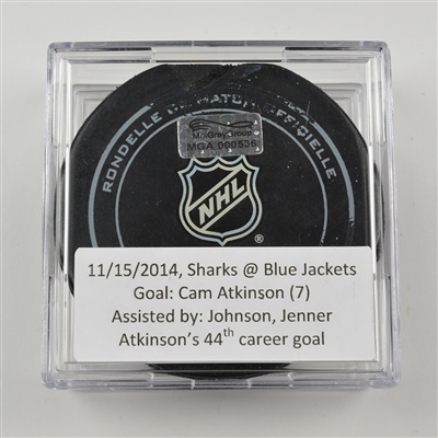 Cam Atkinson - Columbus Blue Jackets - Goal Puck - November 15, 2014 vs. San Jose Sharks (Blue Jackets Logo)