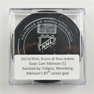 Cam Atkinson - Columbus Blue Jackets - Goal Puck - October 13, 2016 vs. Boston Bruins (Blue Jackets Logo)
