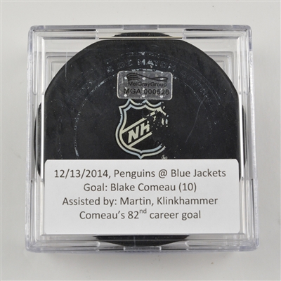 Blake Comeau - Pittsburgh Penguins - Goal Puck - December 13, 2014 vs. Columbus Blue Jackets (Blue Jackets Logo)