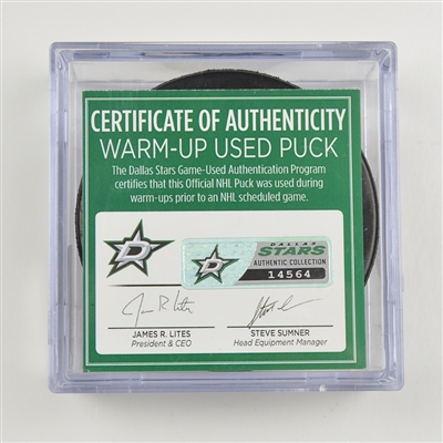 Dallas Stars vs. Vegas Golden Knights - Warmup-Used Puck - October 6, 2017 at Dallas Stars - First Game in Golden Knights Franchise History 