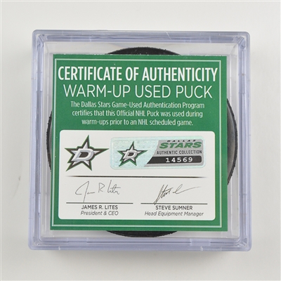 Dallas Stars vs. Vegas Golden Knights - Warmup-Used Puck - October 6, 2017 at Dallas Stars - First Game in Golden Knights Franchise History 