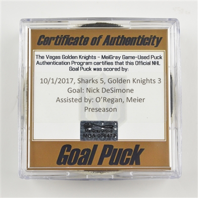 Nick DeSimone - San Jose Sharks - Goal Puck - October 1, 2017 vs. Vegas Golden Knights (Golden Knights Logo) - Preseason