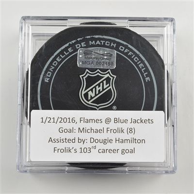 Michael Frolik - Calgary Flames - Goal Puck - January 21, 2016 vs. Columbus Blue Jackets (Blue Jackets Logo)