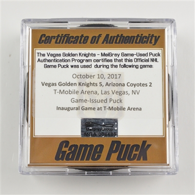 Vegas Golden Knights - Game-Issued Puck - Inaugural Home Game - October 10, 2017 vs. Arizona Coyotes (Golden Knights Logo)