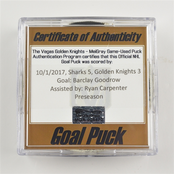 Barclay Goodrow - San Jose Sharks - Goal Puck - October 1, 2017 vs. Vegas Golden Knights (Golden Knights Logo) - Preseason