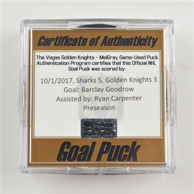 Barclay Goodrow - San Jose Sharks - Goal Puck - October 1, 2017 vs. Vegas Golden Knights (Golden Knights Logo) - Preseason