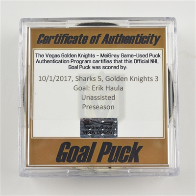 Erik Haula - Vegas Golden Knights - Goal Puck - October 1, 2017 vs. San Jose Sharks (Golden Knights Logo) - Preseason