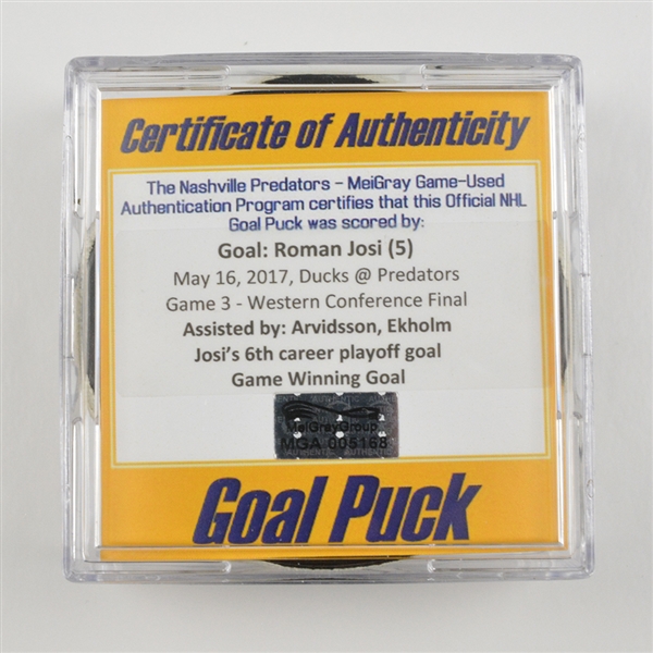 Roman Josi - Nashville Predators - Goal Puck (Game Winning Goal) - May 16, 2017 vs. Anaheim Ducks - Game 3 Western Conference Final (Predators Logo)