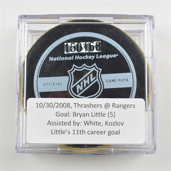 Bryan Little - Atlanta Thrashers - Goal Puck - October 30, 2008 vs. New York Rangers (Rangers Logo)