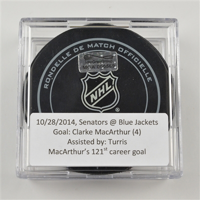 Clarke MacArthur - Ottawa Senators - Goal Puck - October 28, 2014 vs. Columbus Blue Jackets (Blue Jackets Logo)