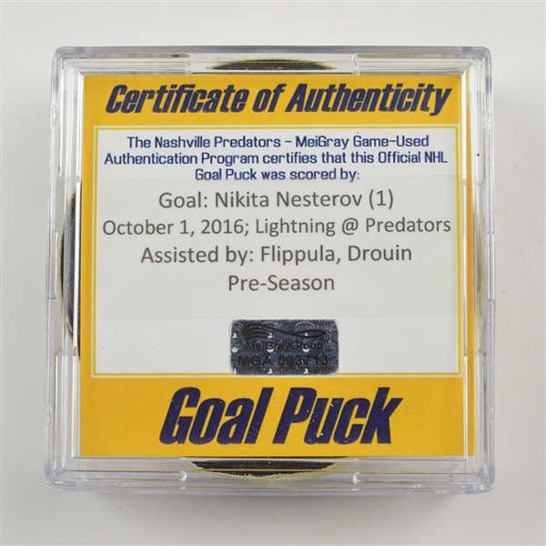 Nikita Nesterov - Tampa Bay Lightning - Goal Puck - October 1, 2016 vs. Nashville Predators (Predators Logo)