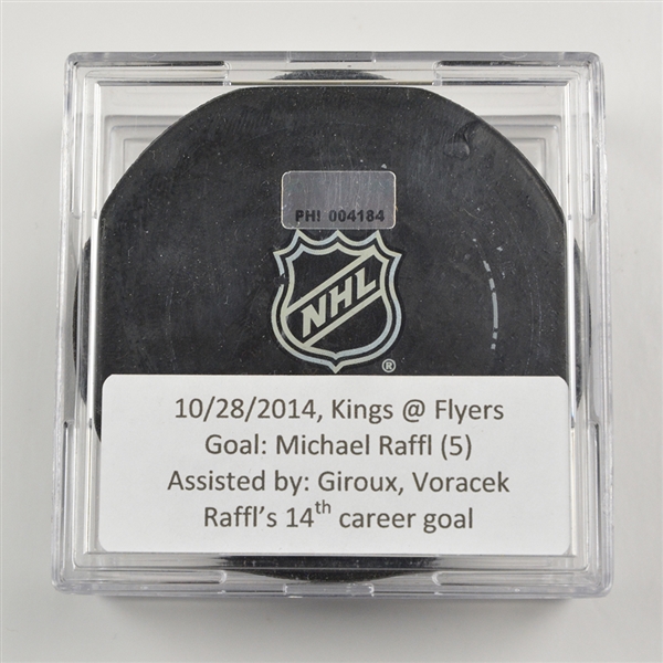 Michael Raffl - Philadelphia Flyers - Goal Puck - October 28, 2014 vs  Los Angeles Kings (Flyers Logo)
