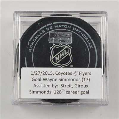 Wayne Simmonds - Philadelphia Flyers - Goal Puck - January 27, 2015 vs. Arizona Coyotes (Flyers Logo)
