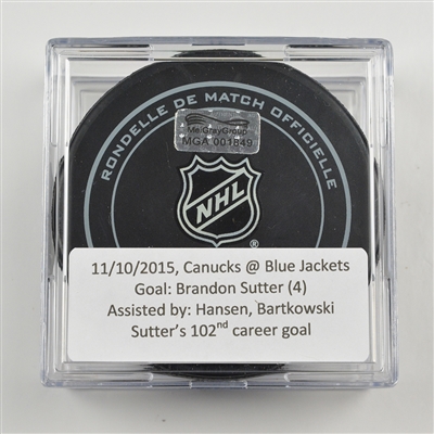 Brandon Sutter - Vancouver Canucks - Goal Puck - November 10, 2015 vs. Columbus Blue Jackets (Blue Jackets Logo)