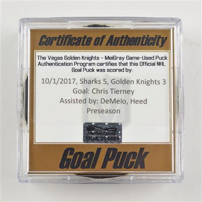 Chris Tierney - San Jose Sharks - Goal Puck - October 1, 2017 vs. Vegas Golden Knights (Golden Knights Logo) - Preseason