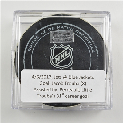 Jacob Trouba - Winnipeg Jets - Goal Puck - April 6, 2017 vs. Columbus Blue Jackets (Blue Jackets Logo)