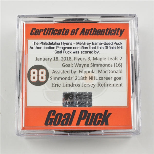 Wayne Simmonds - Philadelphia Flyers - Goal Puck - Jan. 18, 2018 (Flyers Eric Lindros Jersey Retirement Night #88 Logo)