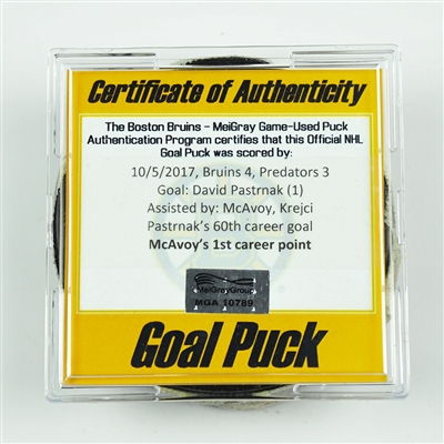 David Pastrnak - Boston Bruins - Goal Puck ( McAvoy 1st NHL Career Point )  - October 5, 2017 vs. Nashville Predators (Bruins Logo)