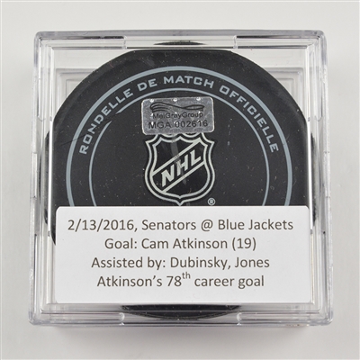 Cam Atkinson - Columbus Blue Jackets - Goal Puck - February 13, 2016 vs. Ottawa Senators (Blue Jackets Logo)