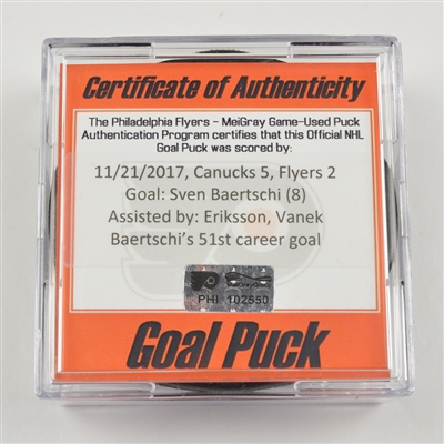 Sven Baertschi - Vancouver Canucks - Goal Puck - November 21, 2017 vs. Philadelphia Flyers (Flyers Logo)