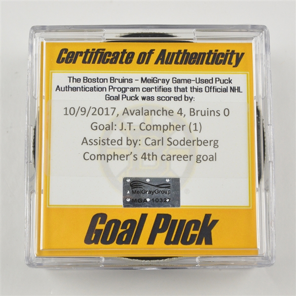 J.T. Compher - Colorado Avalanche - Goal Puck - October 9, 2017 vs. Boston Bruins (Bruins Logo)