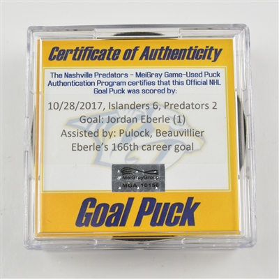 Jordan Eberle - New York Islanders - Goal Puck (1st as an Islander) - October 28, 2017 vs. Nashville Predators (Predators Logo)