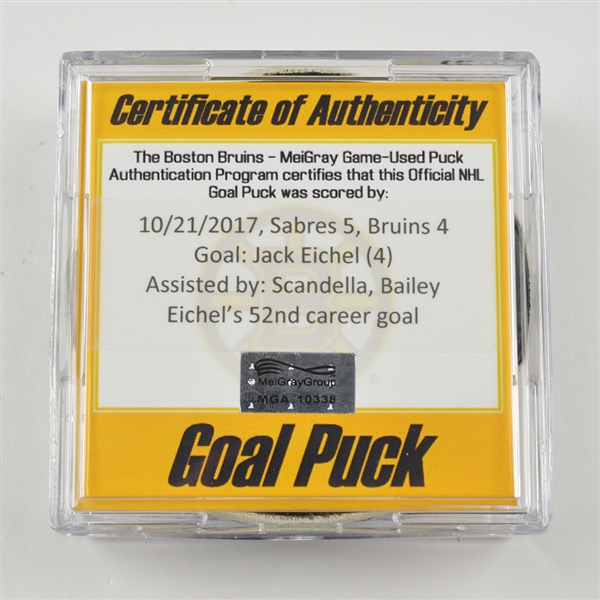 Jack Eichel - Buffalo Sabres - Goal Puck - October 21, 2017 vs. Boston Bruins (Bruins Logo)