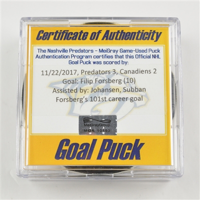 Filip Forsberg - Nashville Predators - Goal Puck - November 22, 2017 vs. Montreal Canadiens (Predators Logo)