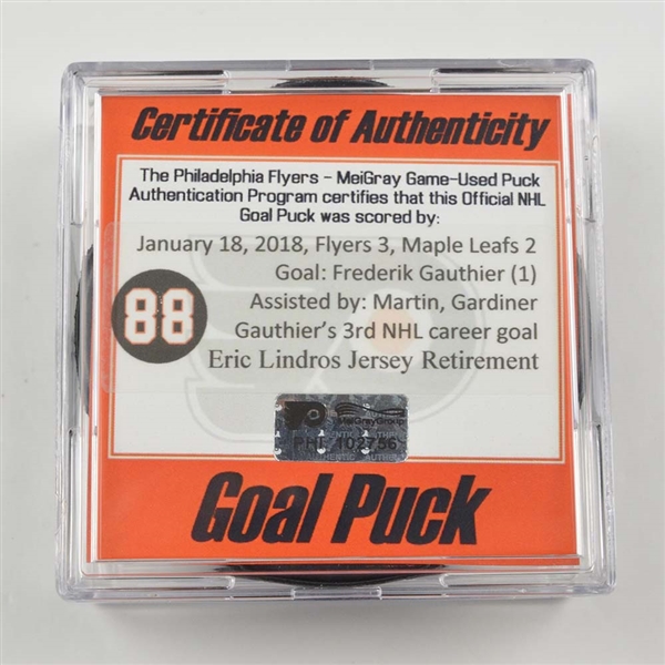 Frederik Gauthier - Toronto Maple Leafs - Goal Puck - Jan. 18, 2018 (Flyers Eric Lindros Jersey Retirement Night #88 Logo)
