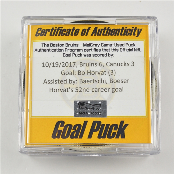 Bo Horvat - Vancouver Canucks - Goal Puck - October 19, 2017 vs. Boston Bruins (Bruins Logo)