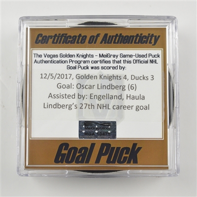 Oscar Lindberg - Vegas Golden Knights - Goal Puck - December 5, 2017 vs. Anaheim Ducks (Golden Knights Logo)