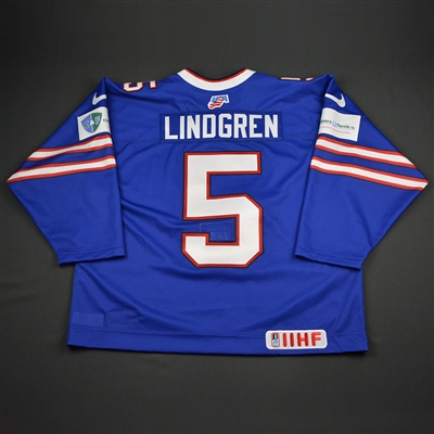 Ryan Lindgren - 2018 U.S. IIHF World Junior Championship - Game-Worn Buffalo Bills-themed Jersey w/A