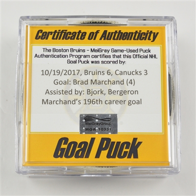 Brad Marchand - Boston Bruins - Goal Puck - October 19, 2017 vs. Vancouver Canucks (Bruins Logo)