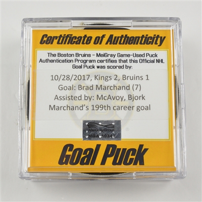 Brad Marchand - Boston Bruins - Goal Puck - October 28, 2017 vs. Los Angeles Kings (Bruins Logo)