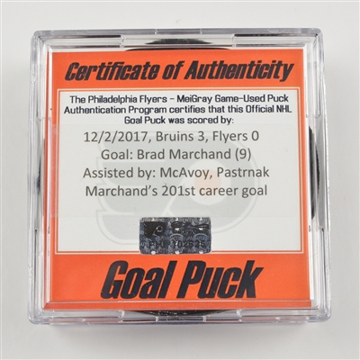 Brad Marchand - Boston Bruins - Goal Puck - December 2, 2017 vs. Philadelphia Flyers (Flyers Logo)