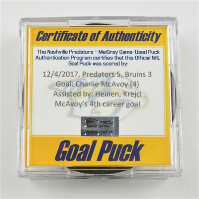 Charlie McAvoy - Boston Bruins - Goal Puck - December 4, 2017 vs. Nashville Predators (Predators Logo)