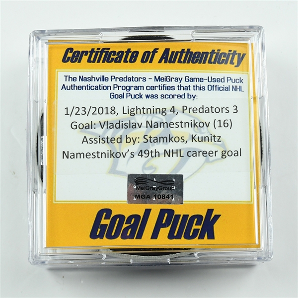 Vladislav Namestnikov - Tampa Bay Lightning - Goal Puck - January 23, 2018 vs. Nashville Predators (Predators Logo)
